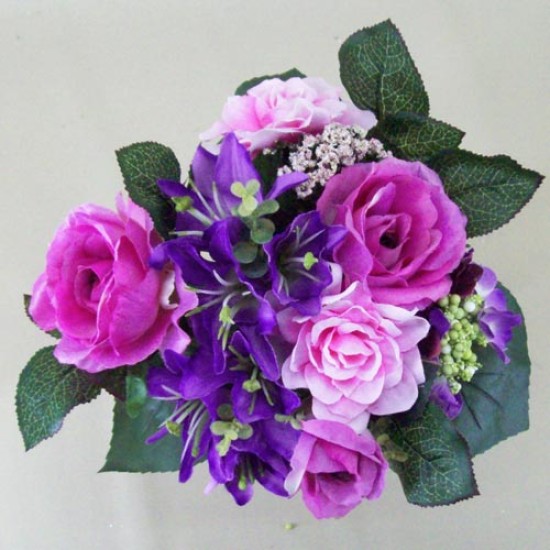 Posy of Roses Lilies and Hydrangeas Purple Pink 29cm Artificial Flowers